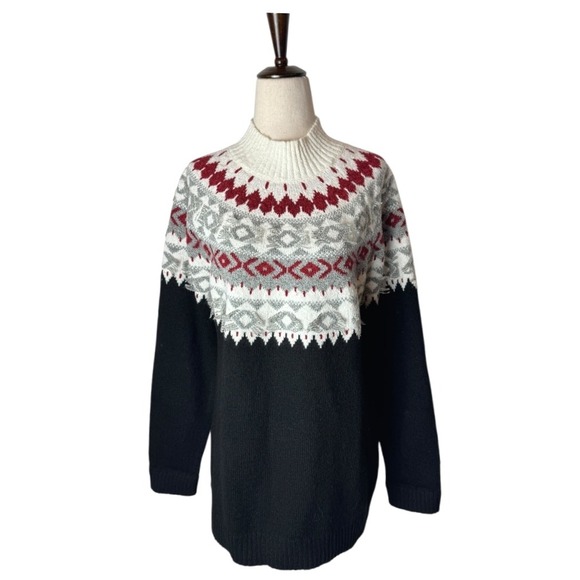 J Jill Sweater Women Medium Petite Black‎ Ivory Fair Isle Nordic Knit Mock Neck - Picture 2 of 12